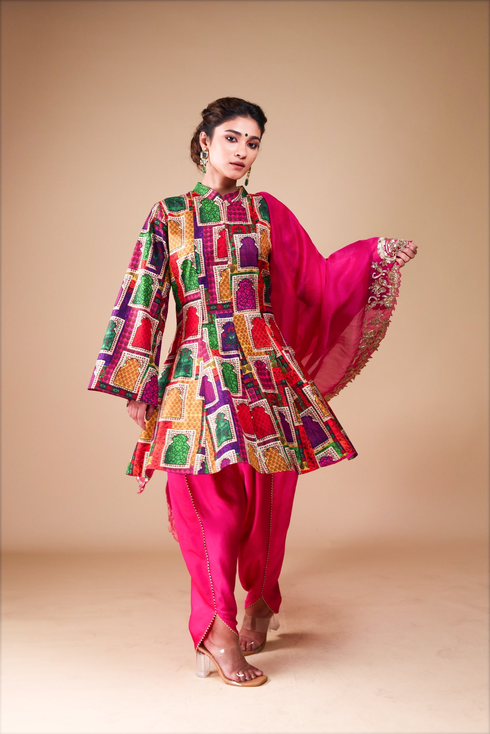 Kalidar Kurti with Tulip Pants and heavy hand-embroidered zardosi work Dupatta