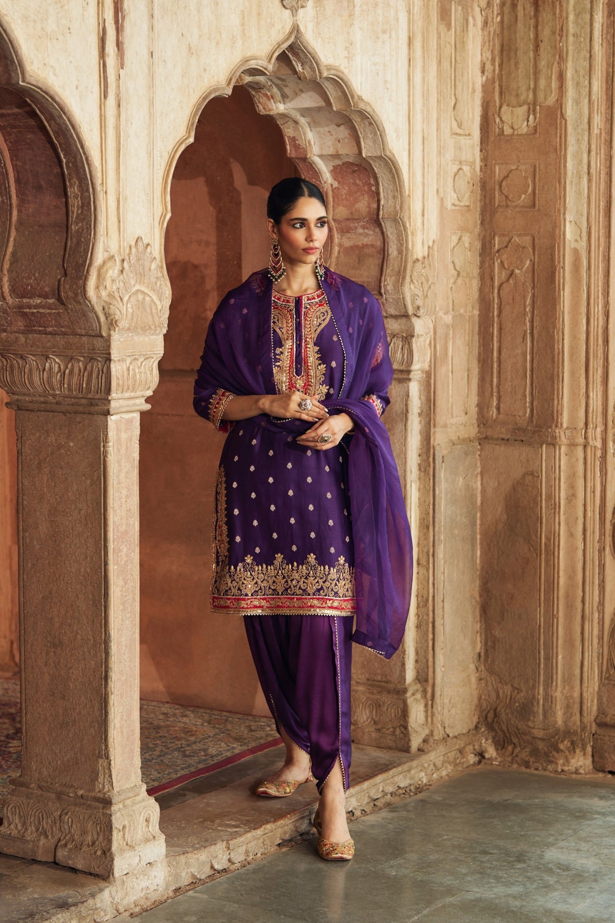 Deep Purple Silk Chanderi Short Kurta Dhoti Set for Festive Wear