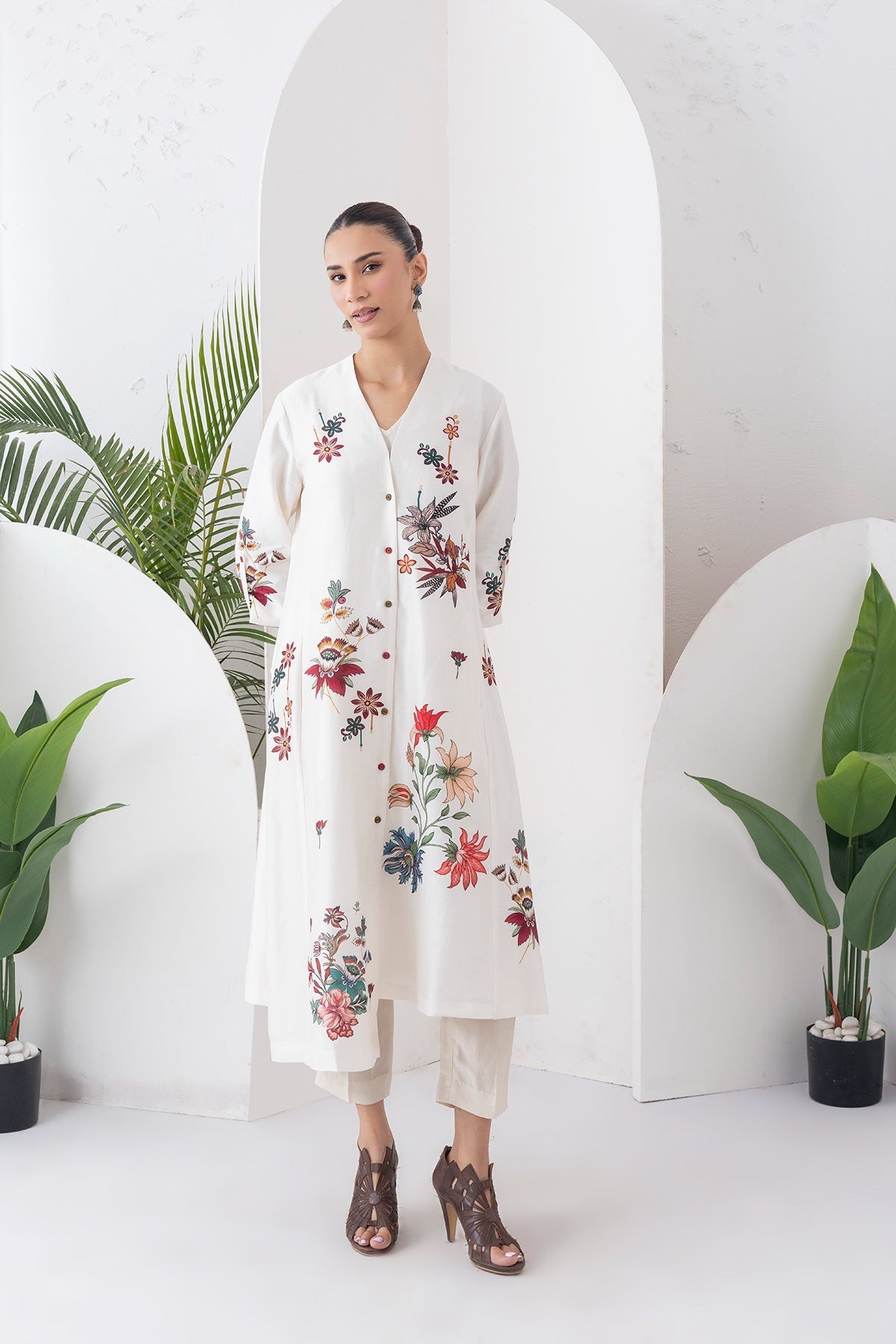 Ivory Silk Chanderi Printed High-Low Dress Set (3 PCS)