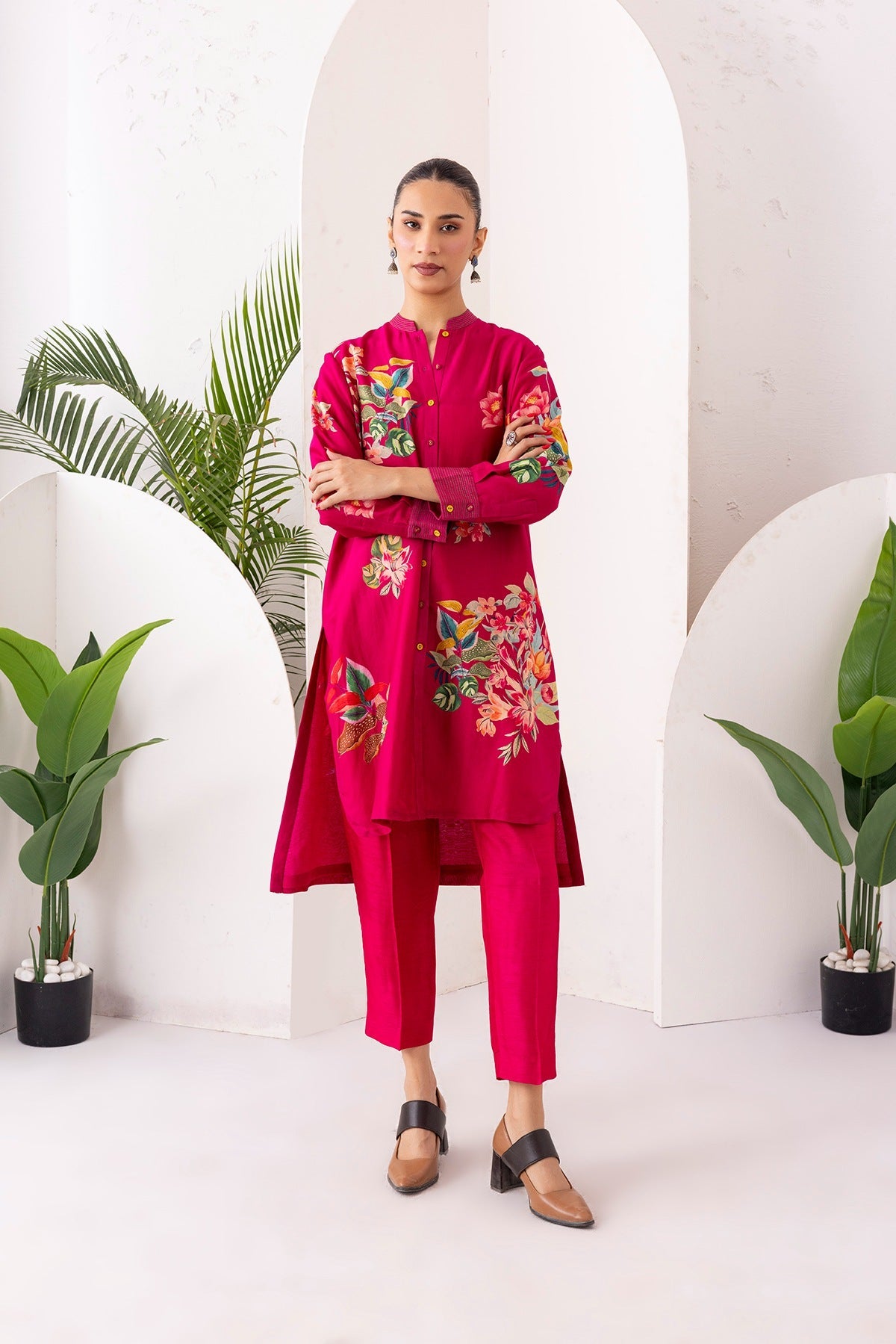 Hot Pink Silk Chanderi Printed Shirt Style Tunic Set (2 PCS)