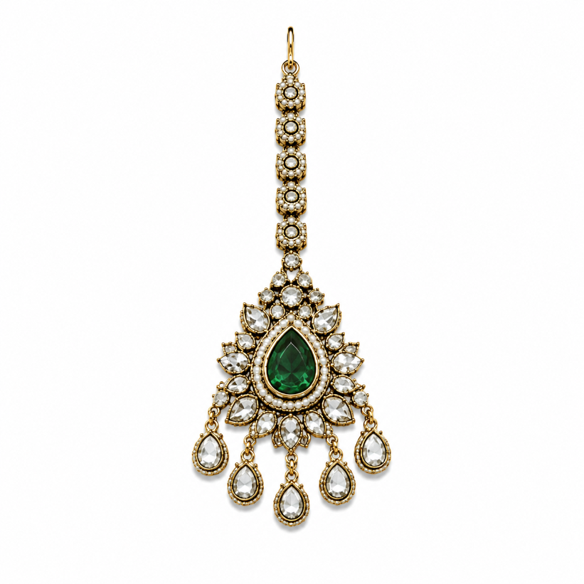 Emerald Green Bridal Polki Necklace Set with Maang Tikka & Statement Earring