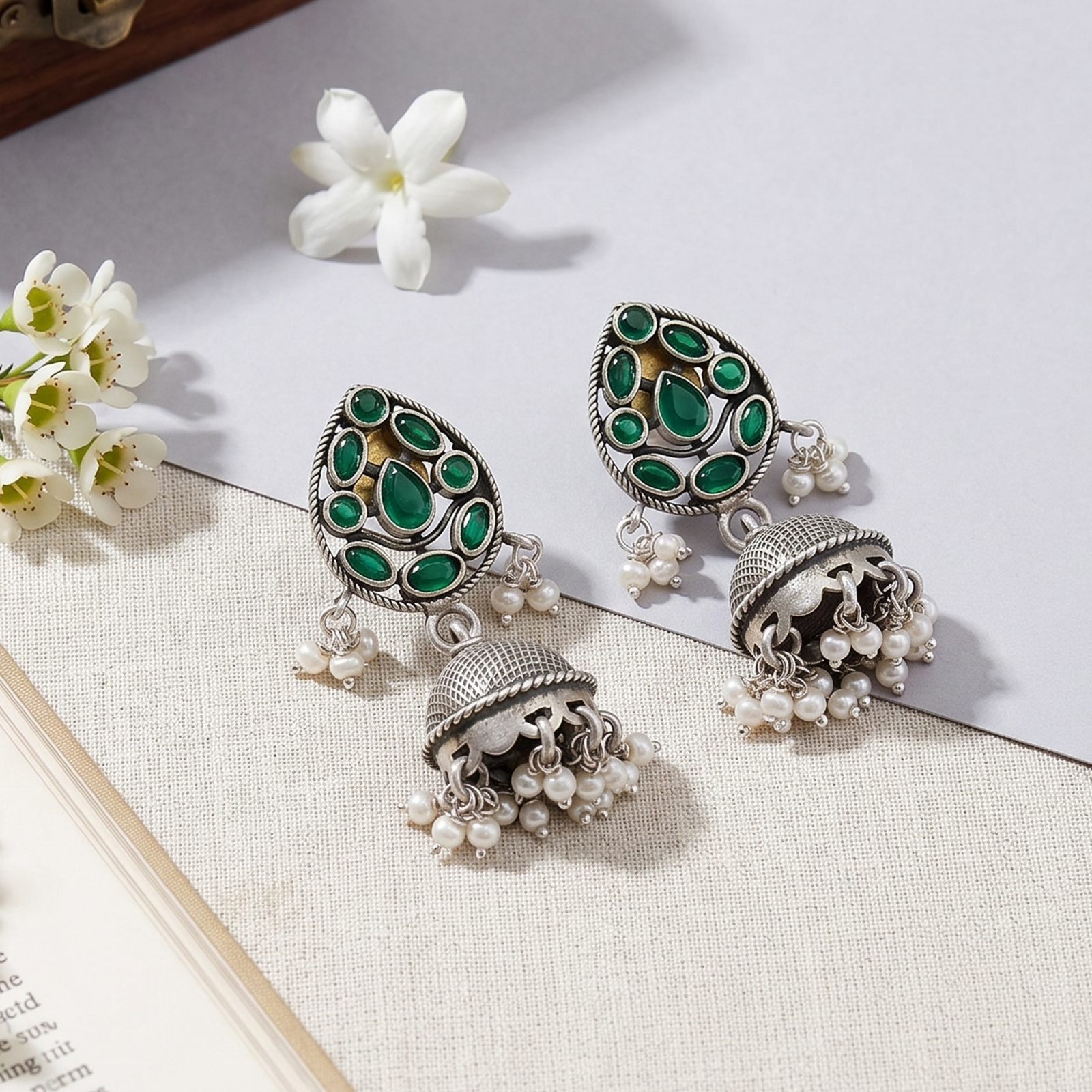 Sangeeta Boochra Handcrafted Green Stone & Pearl Silver Jhumkas