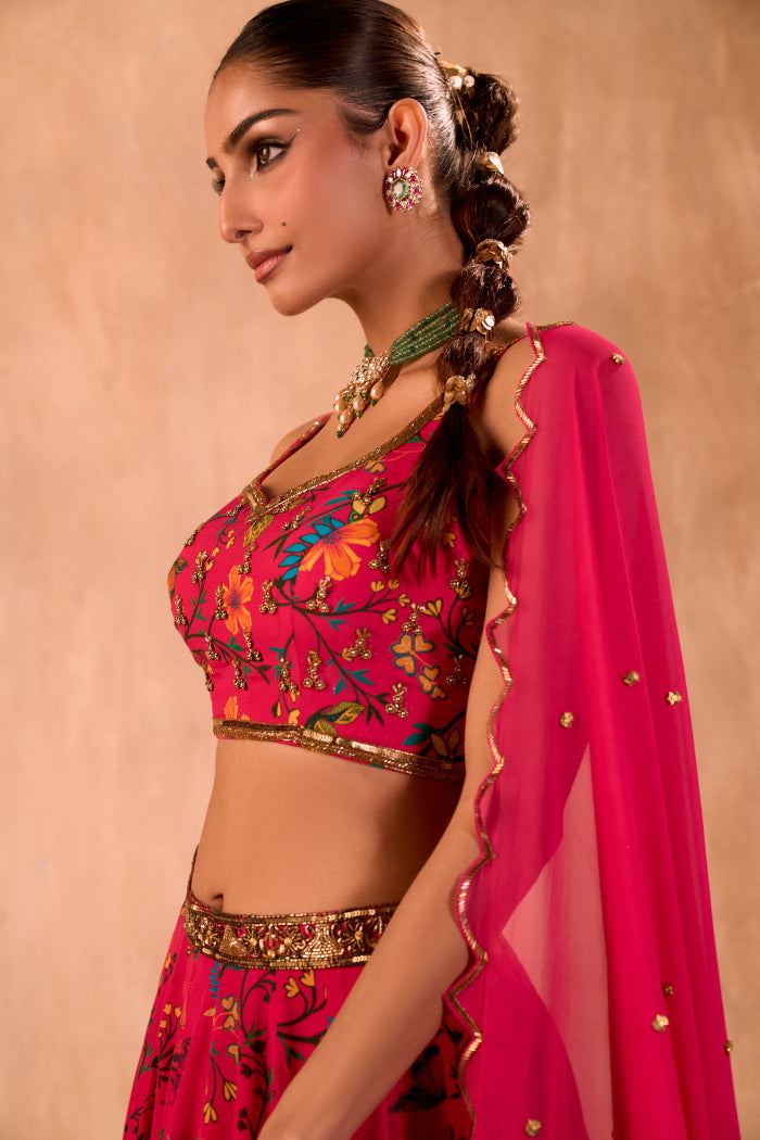 PINK PRINT EMBROIDERED CHOLI, LEHENGA AND DUPATTA SET - image 6