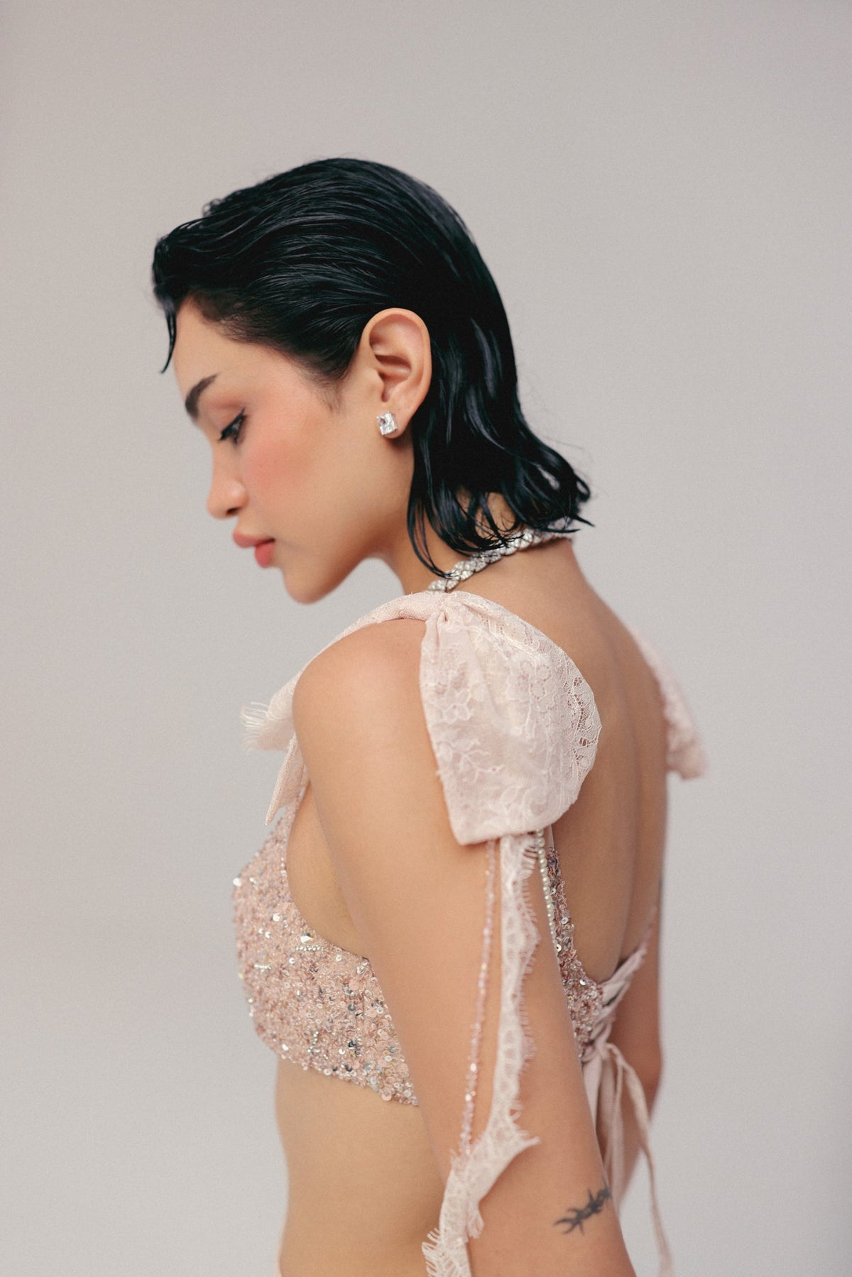 Sequin & Bugle Bead Embroidery, Silk Satin & French Lace, Skirt Set, Blouse Silhouette