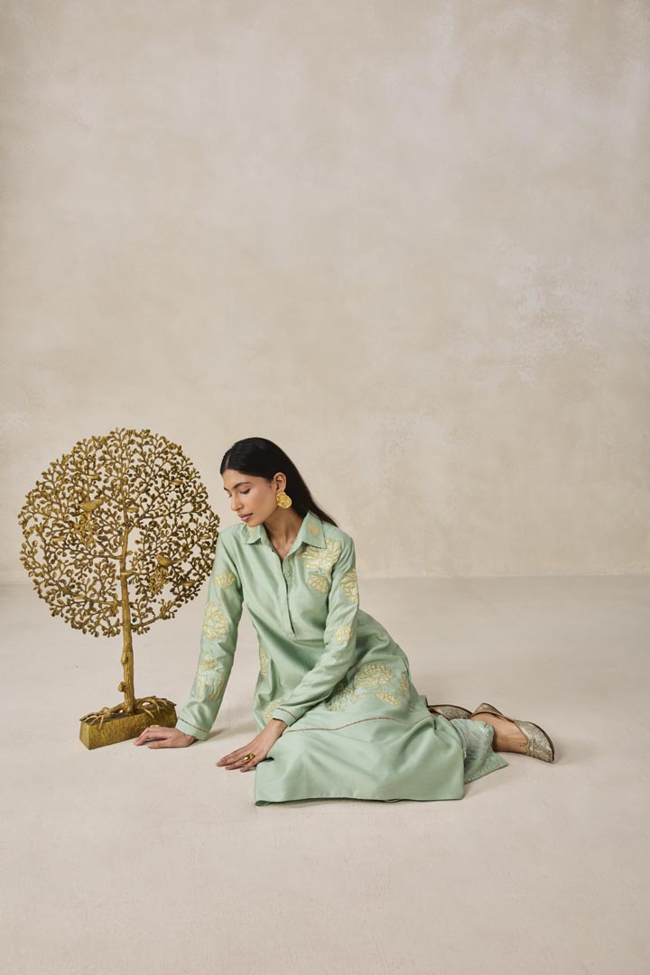 Sage Green Chanderi Asymmetrical Kurta Set for Festive Wear