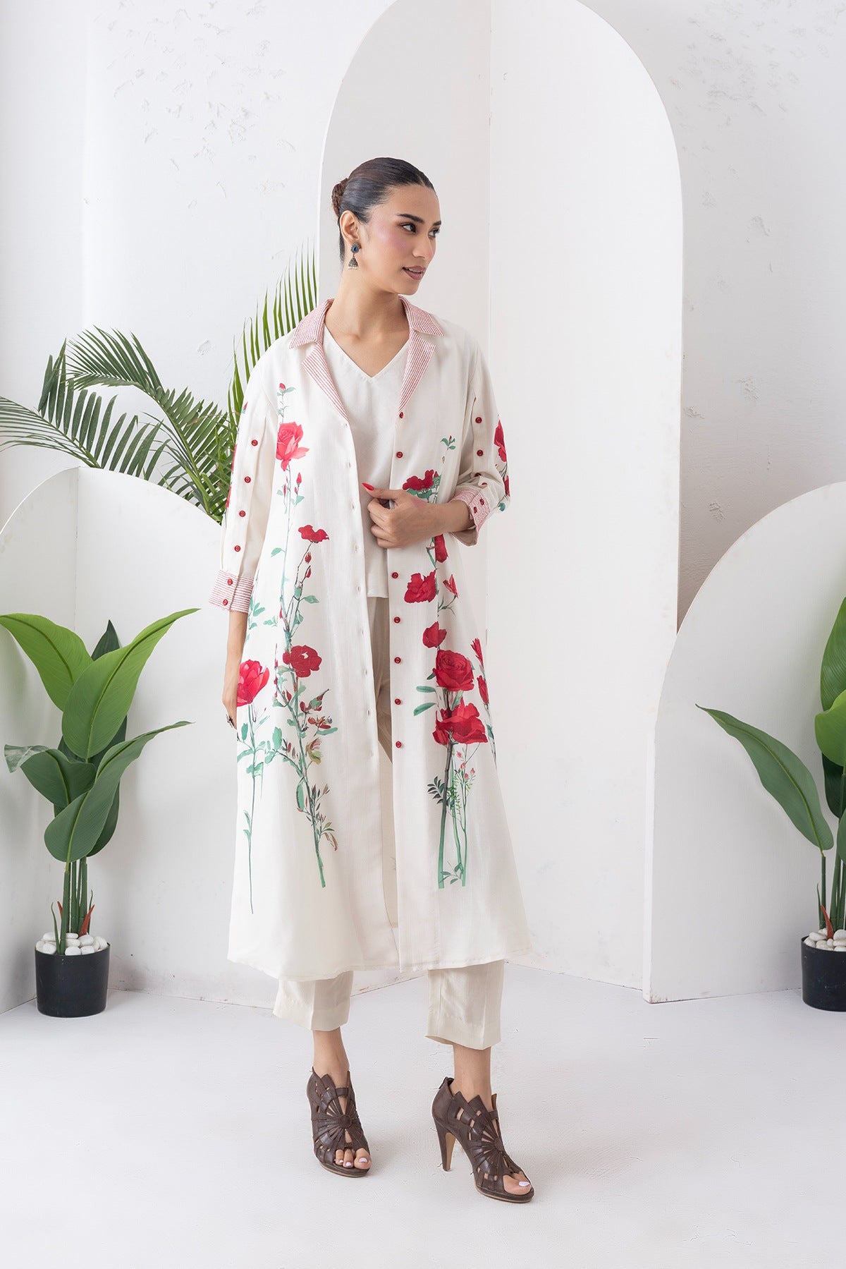 Ivory Silk Chanderi Front Open Printed Dress Set (3 PCS)