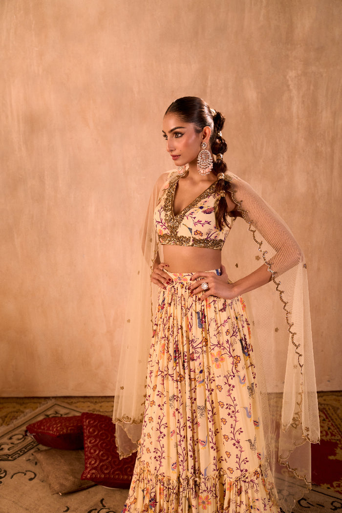 IVORY PRINT EMBROIDERED CHOLI, LAYERED LEHENGA AND DUPATTA SET - image 6