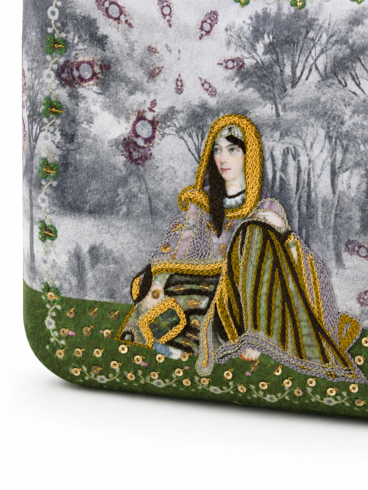 Indian Queen Portrait Embellished Clutch Bag with Gold Tassel