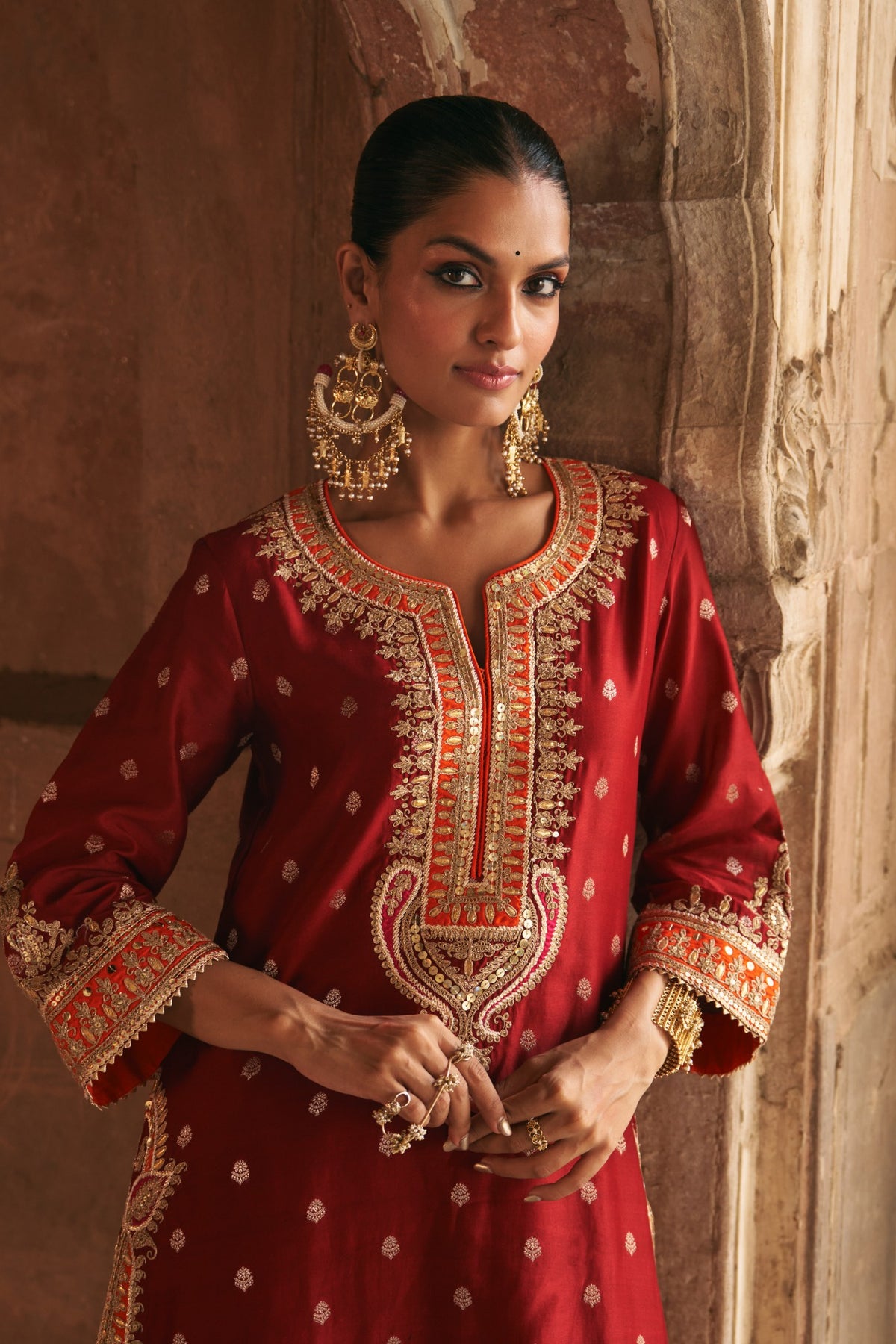Deep Red Embroidered Kurta Set with Silk Organza Dupatta