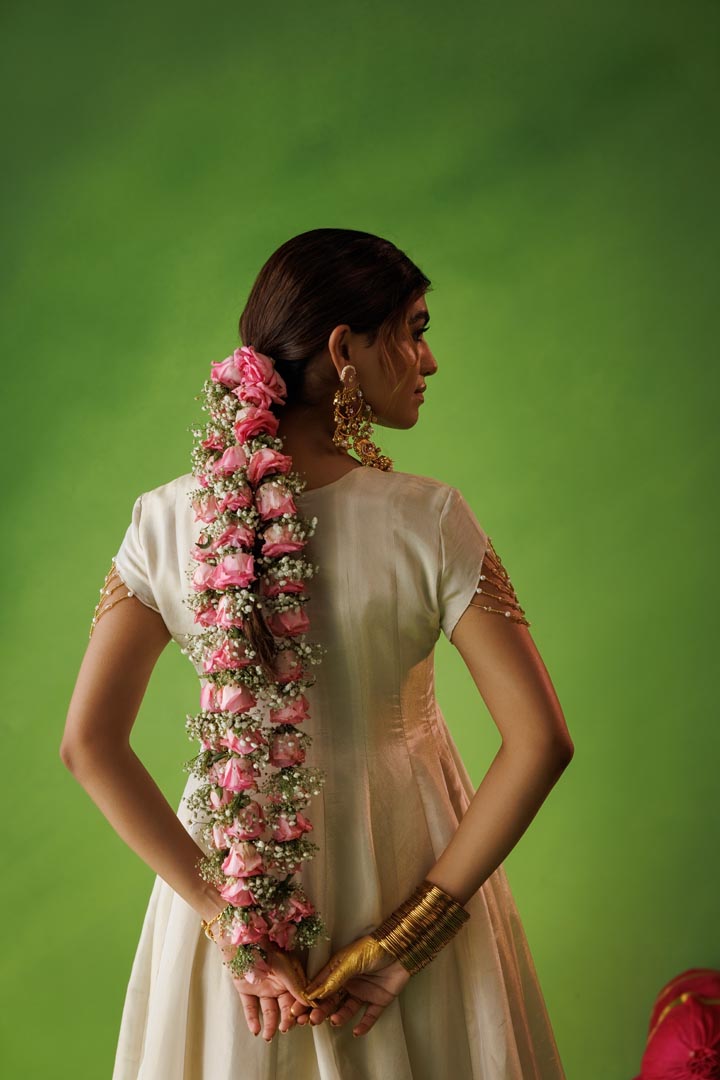 Beige tissue anarkali with pastel olive dupatta