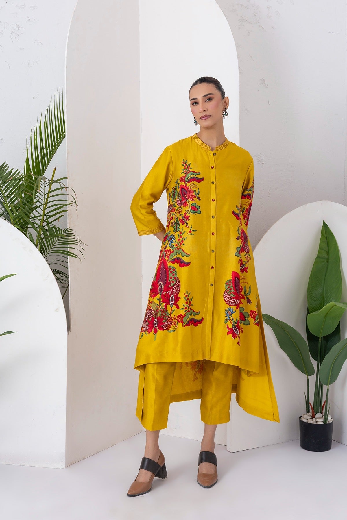 Yellow Silk Chanderi Printed Front Open Floral High-Low Dress Set (3 PCS)
