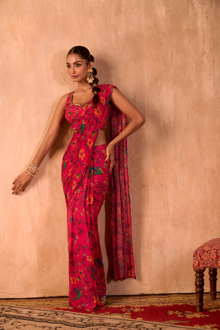 PINK PRINT EMBROIDERED CHOLI WITH PRE-DRAPED SARI SET - image 6