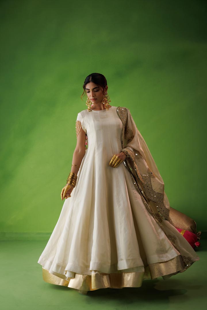 Beige tissue anarkali with scallop dupatta