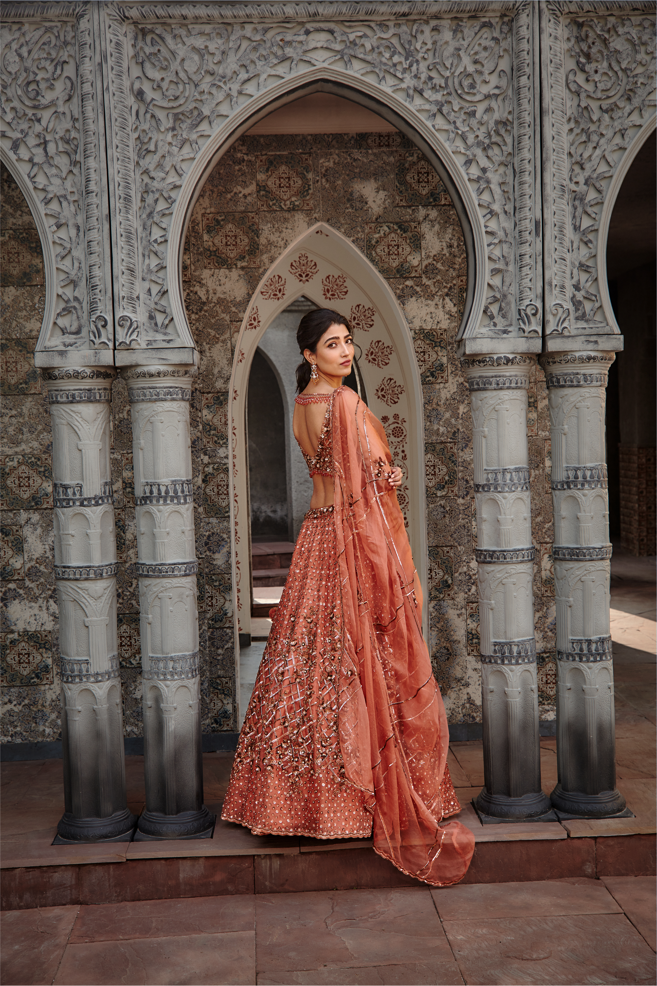 Copper Rust Organza Lehenga Choli Set with Tonal Sequins