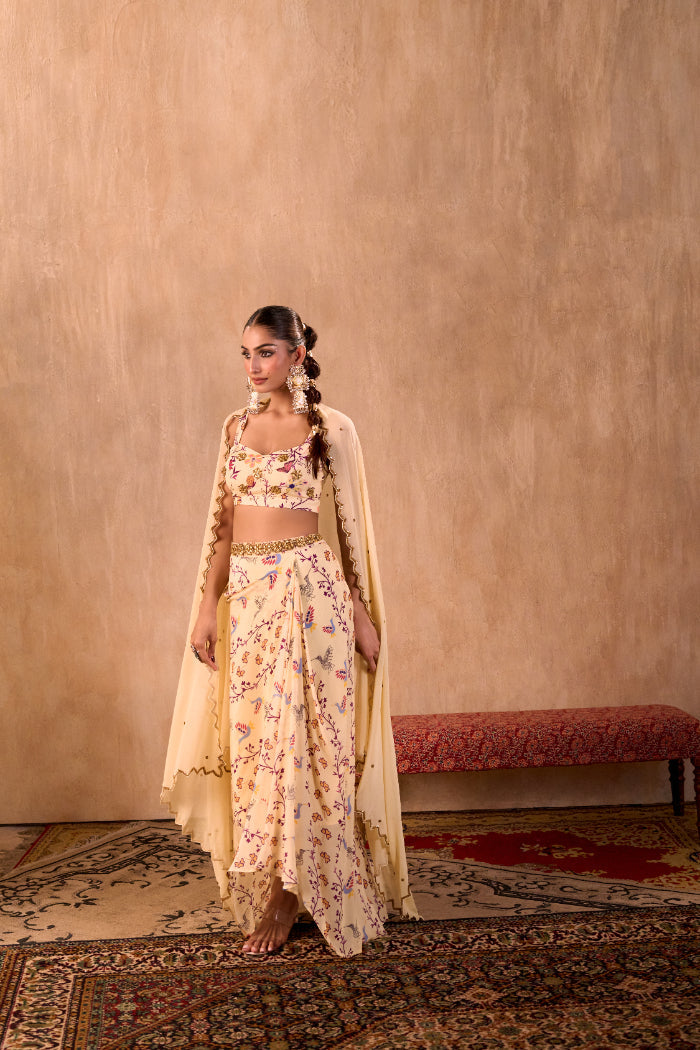 IVORY PRINT EMBROIDERED CHOLI, DRAPED SKIRT AND DUPATTA SET - image 6