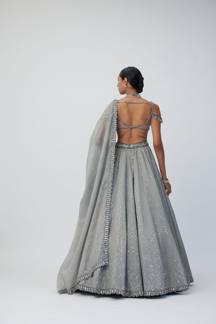 Crystal Grey Sequins Scattered Organza Lehenga Set