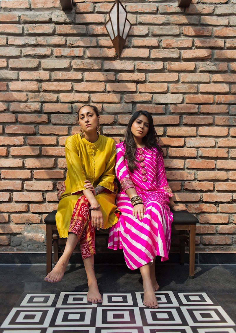 chanderi kurta with beautiful lotus embroidered motifs and gharchola pants