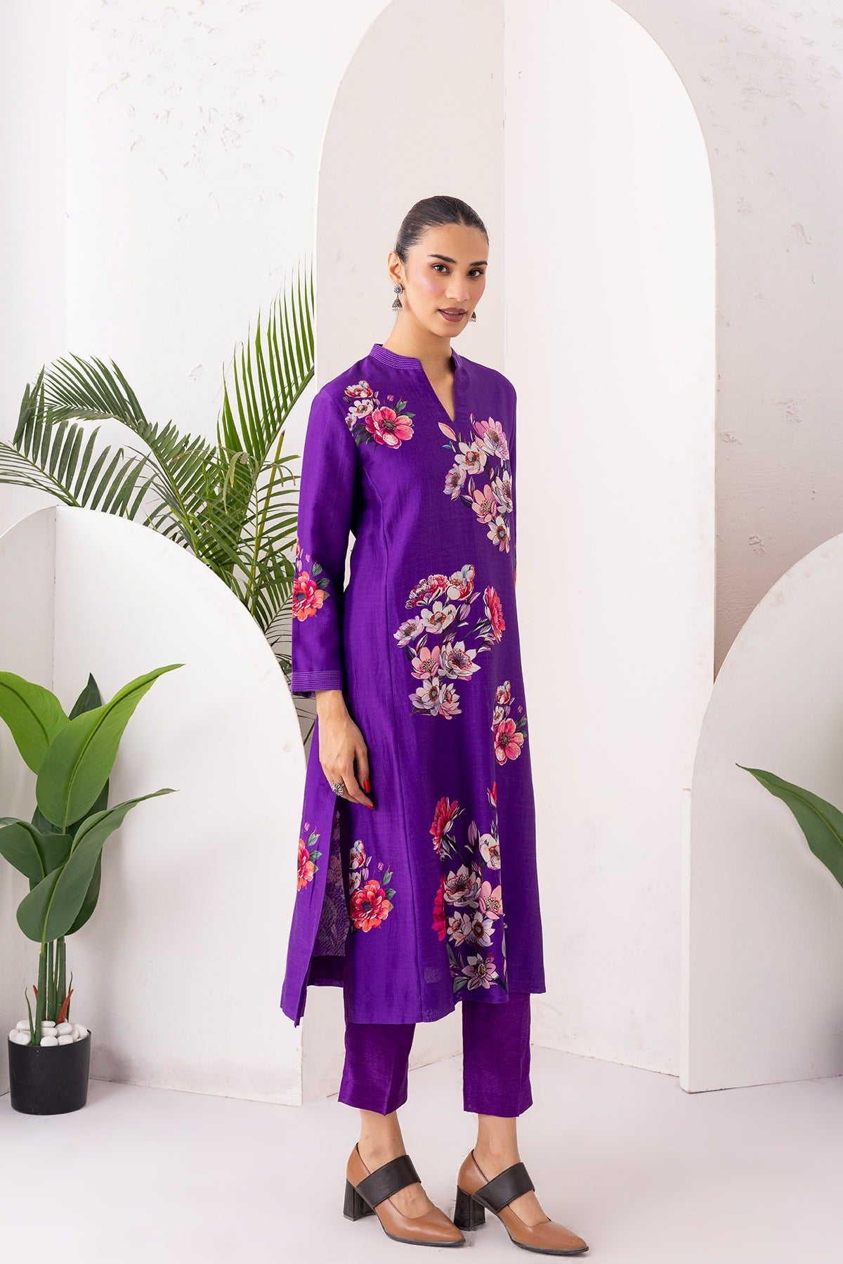 Royal Purple Silk Chanderi Printed Tunic Set (2 PCS)
