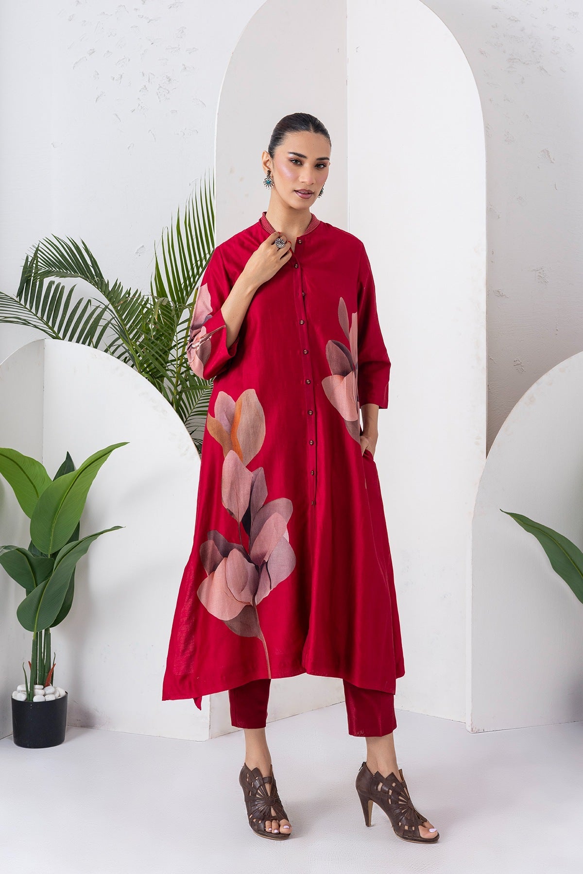 Maroon Silk Chanderi Leaf Printed Dress Set (3 PCS)