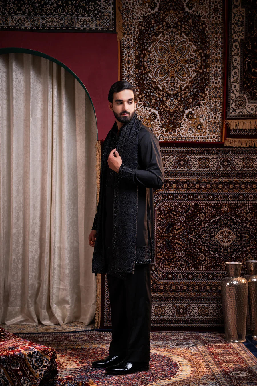 Midnight Noir Embroidered Linen Silk Kurta Set
