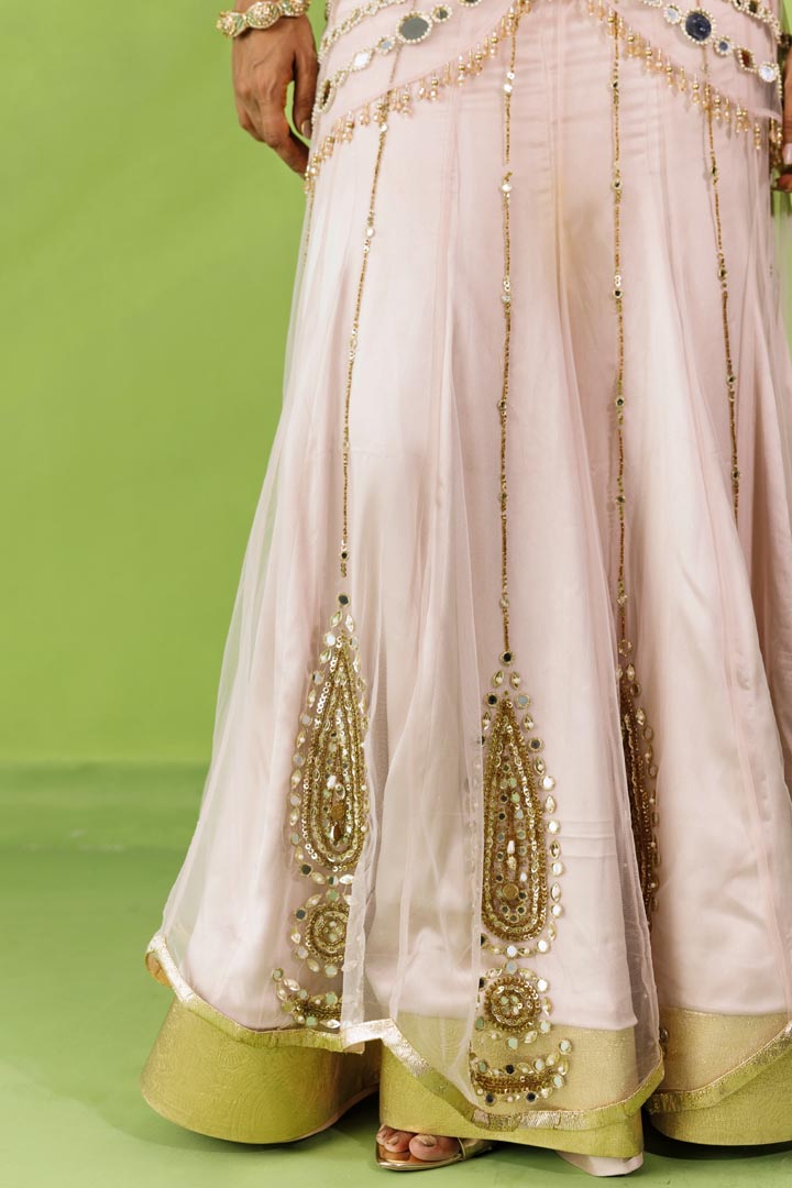 Baby pink mirror work saree set