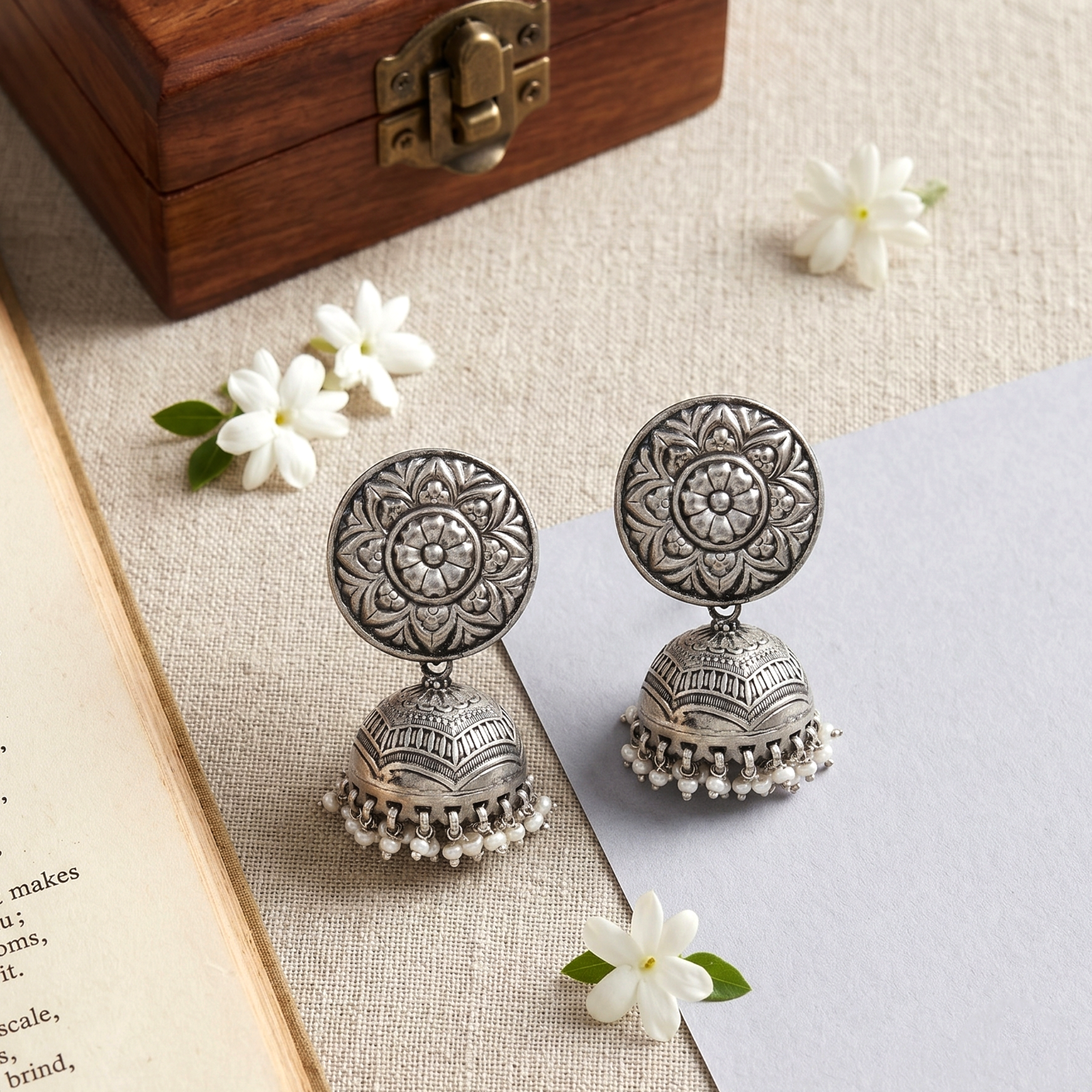 Sangeeta Boochra Floral Oxidised Silver Jhumka Earrings with Pearl Drops