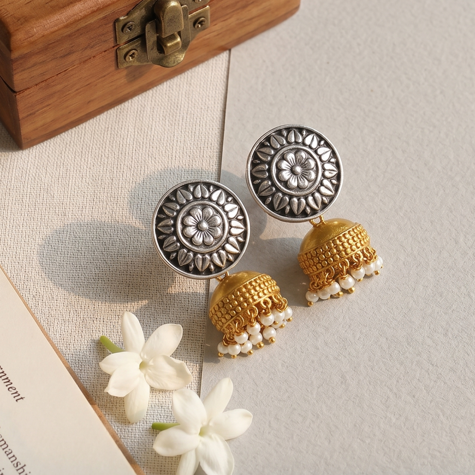Sangeeta Boochra Ethnic Dual Tone Silver Pearl Drop Earrings