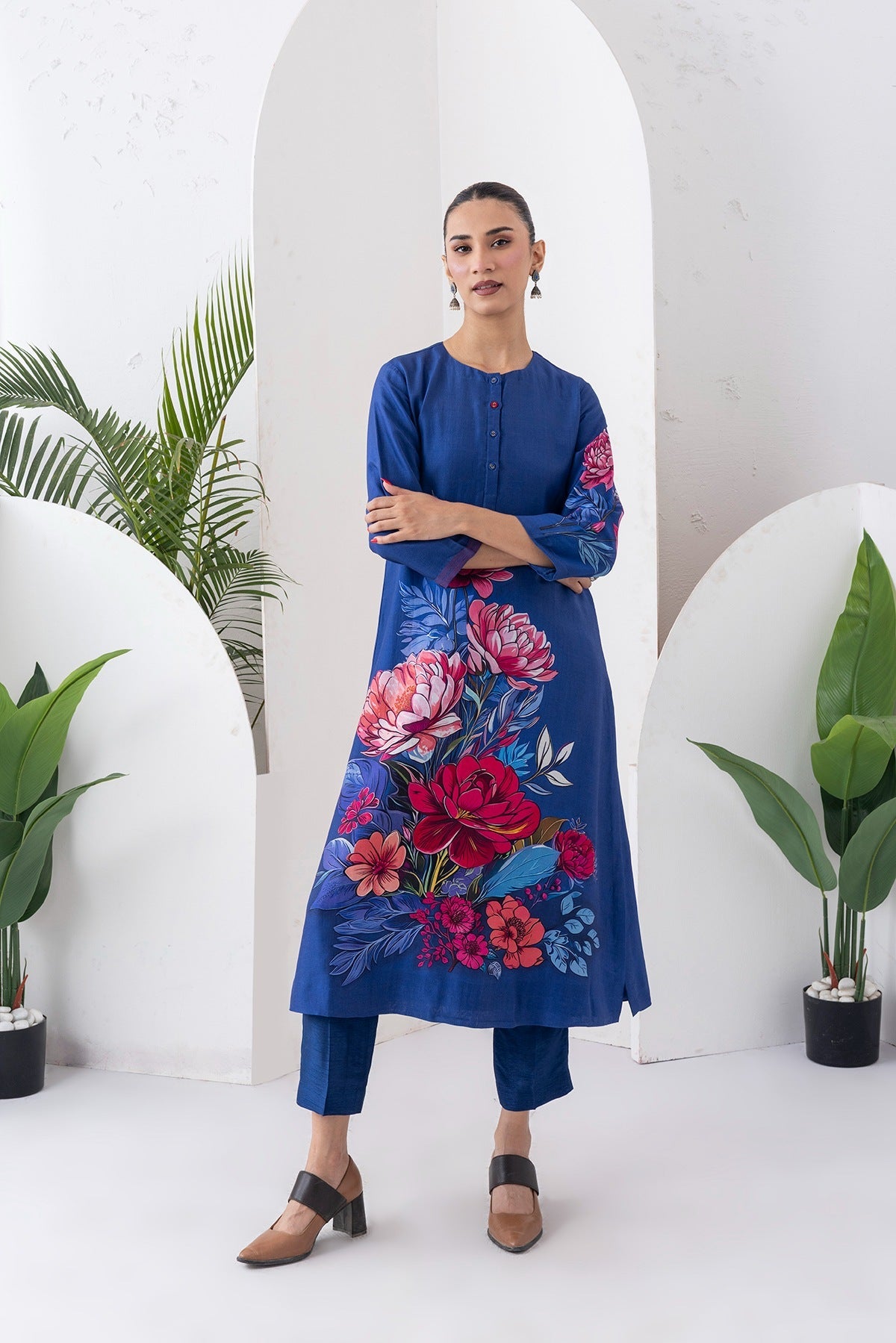 Cobalt Blue Silk Chanderi Printed Dress Set (2 PCS)