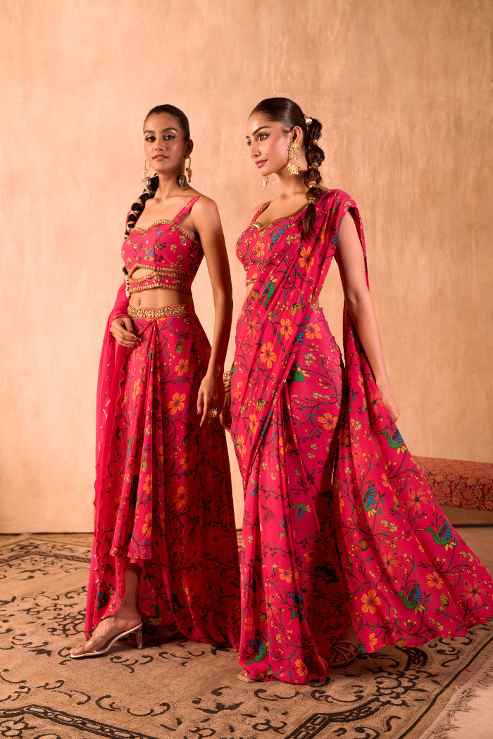 PINK PRINT EMBROIDERED CHOLI, DRAPED SKIRT AND DUPATTA SET - image 6