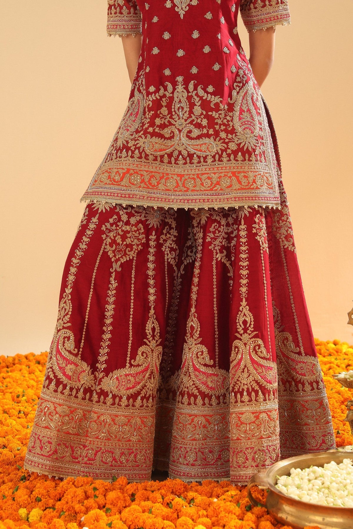 Sehrish - Deep Red Short Kurta with Sharara and Odhni