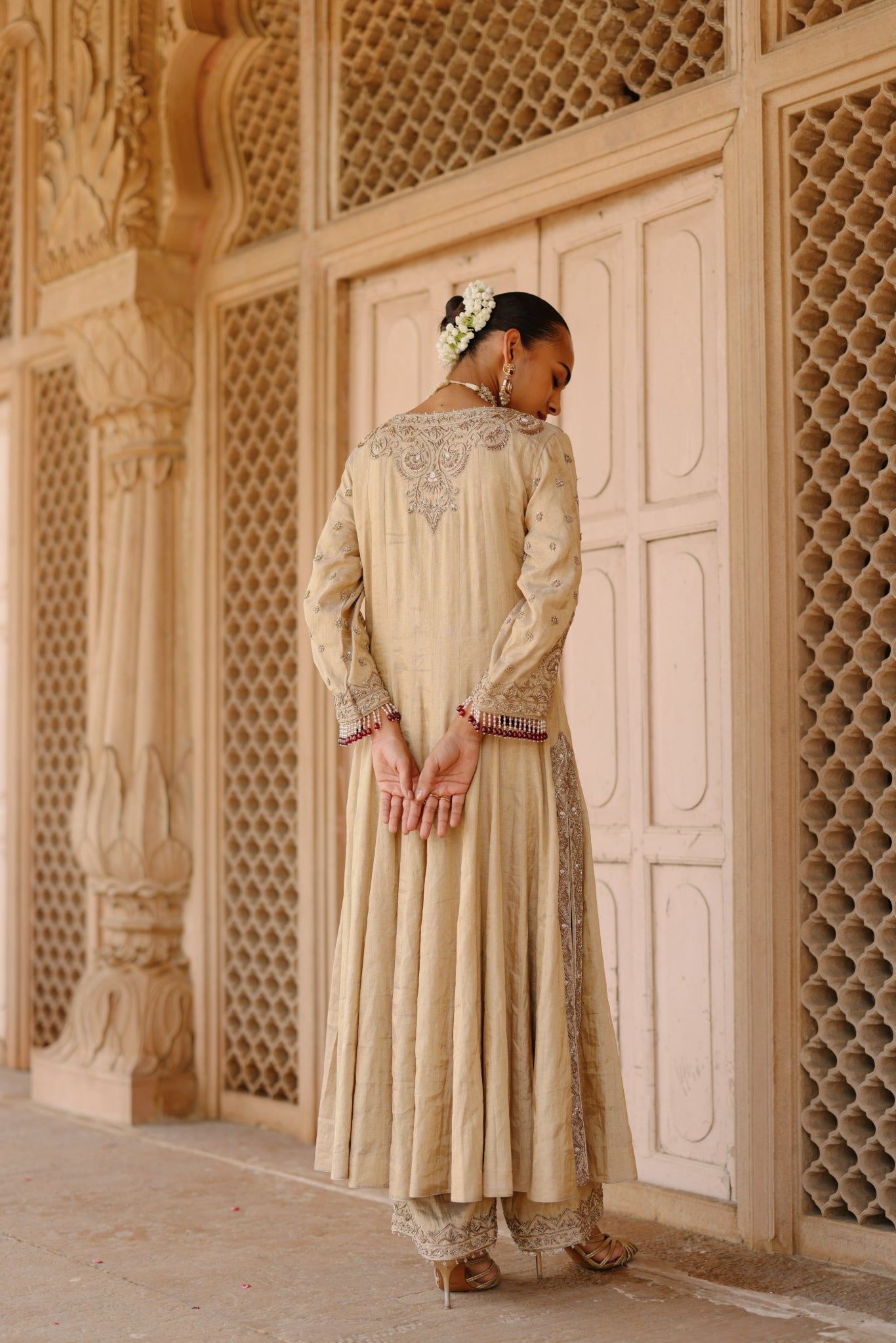 Rooh – Gold Tissue Long Kalidaar Anarkali Set with Palazzo & Dupatta