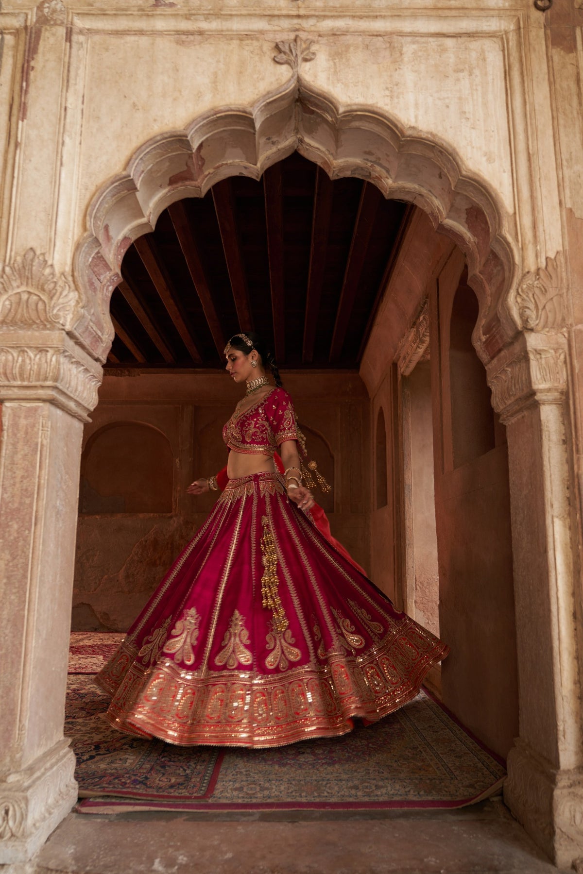 Hot Pink Raw Silk Lehenga with Kashmiri Tilla & Gota Work