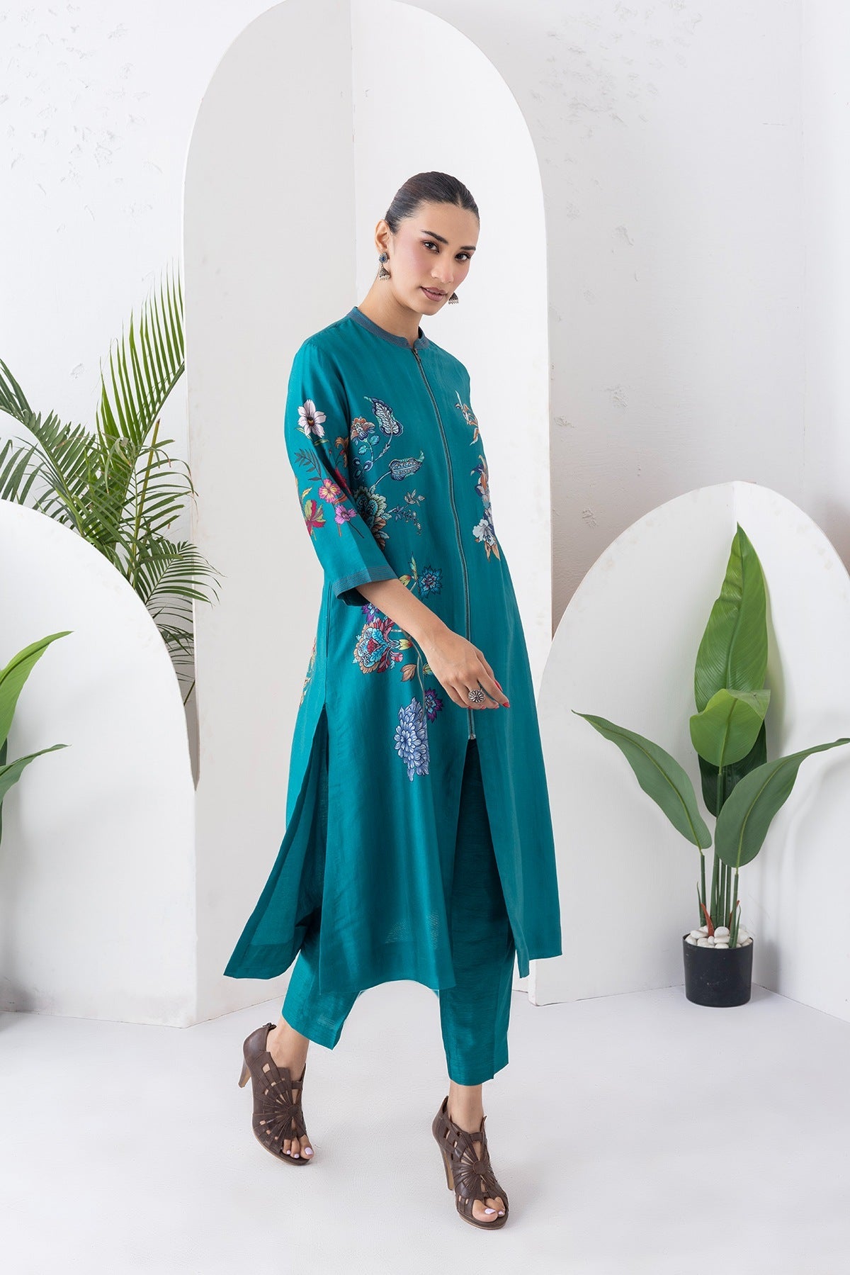 Emerald Silk Chanderi Floral Printed Front Open Dress Set (3 PCS)
