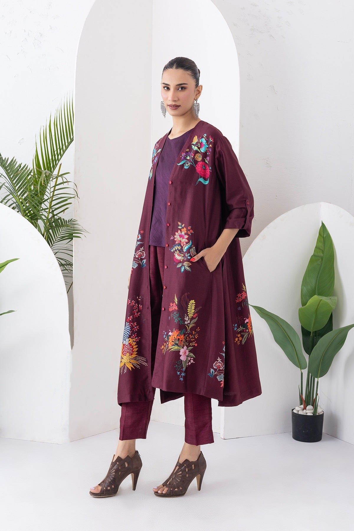 Chocolate Brown Silk Chanderi Printed High-Low Dress Set (3 PCS)
