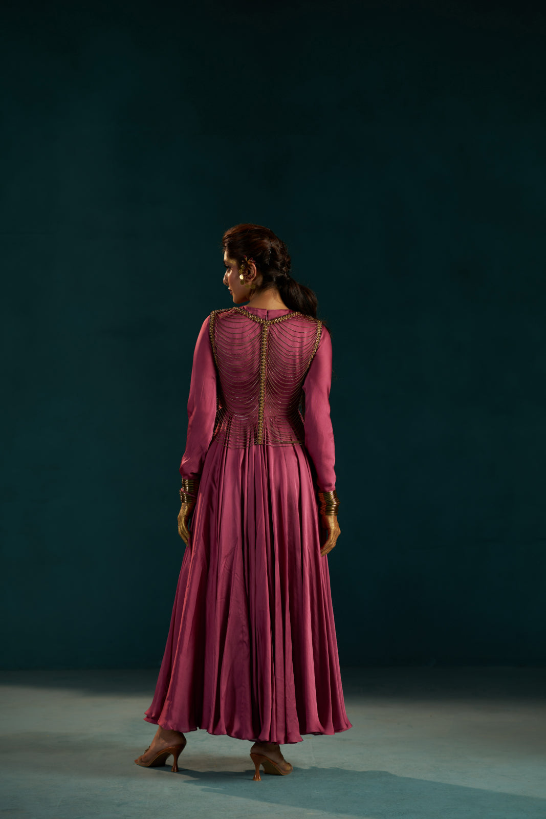 Onion Pink Organza Satin Anarkali with Metal Chain Jacket.