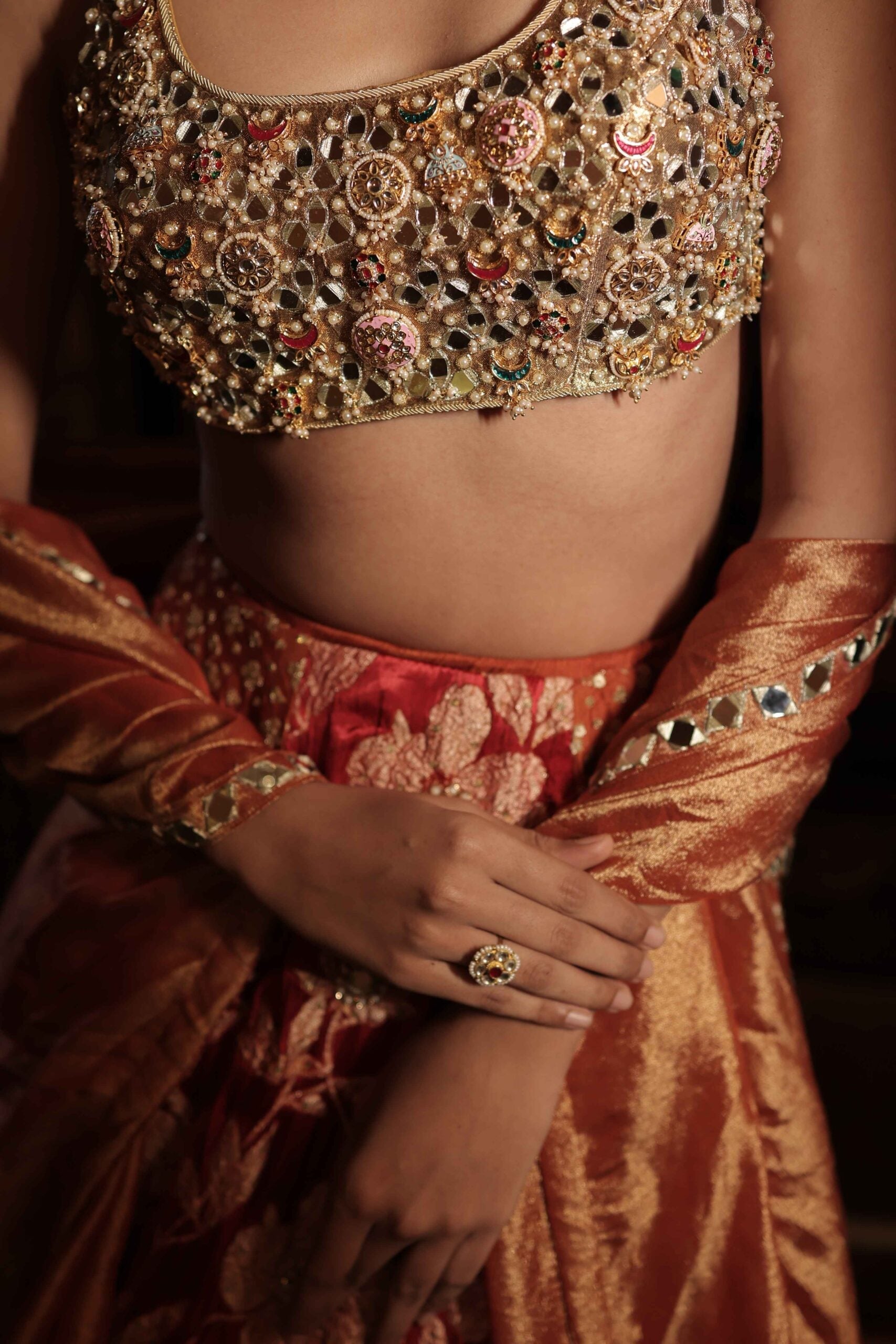 The "Virasat" lehenga choli / Red & Rust jewel embellished lehenga set