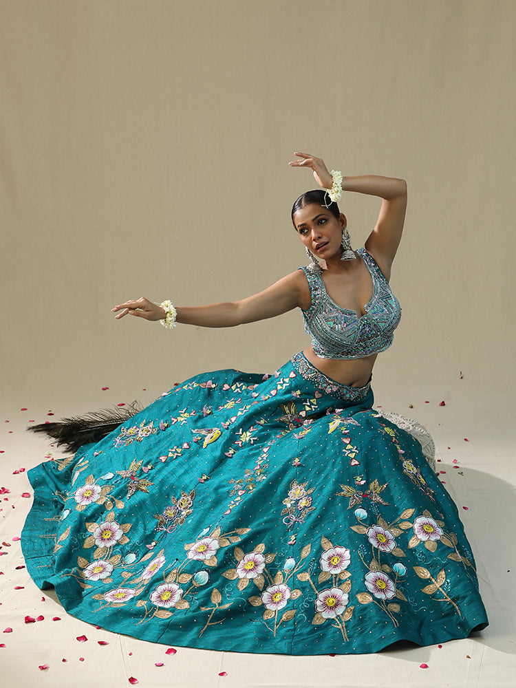 Teal green handpainted Lehnga set