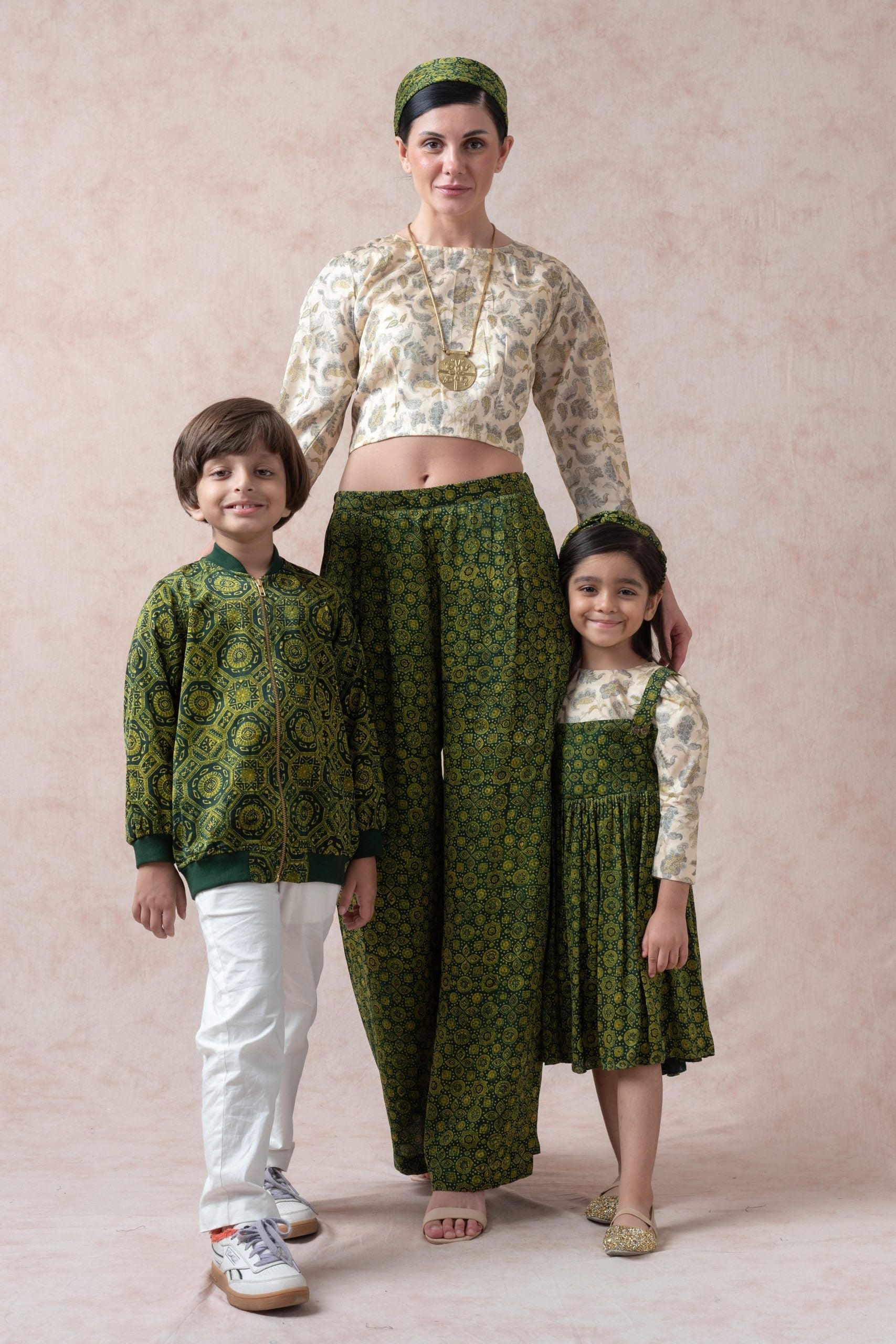 Green beige Crop top with forest green and mustard Ajrak print pleated pants