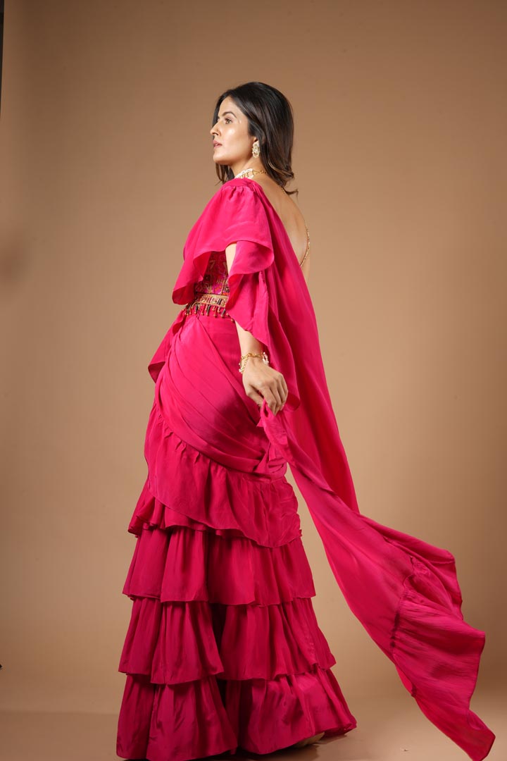 Ruby Pink Viscose Ruffled Saree Set