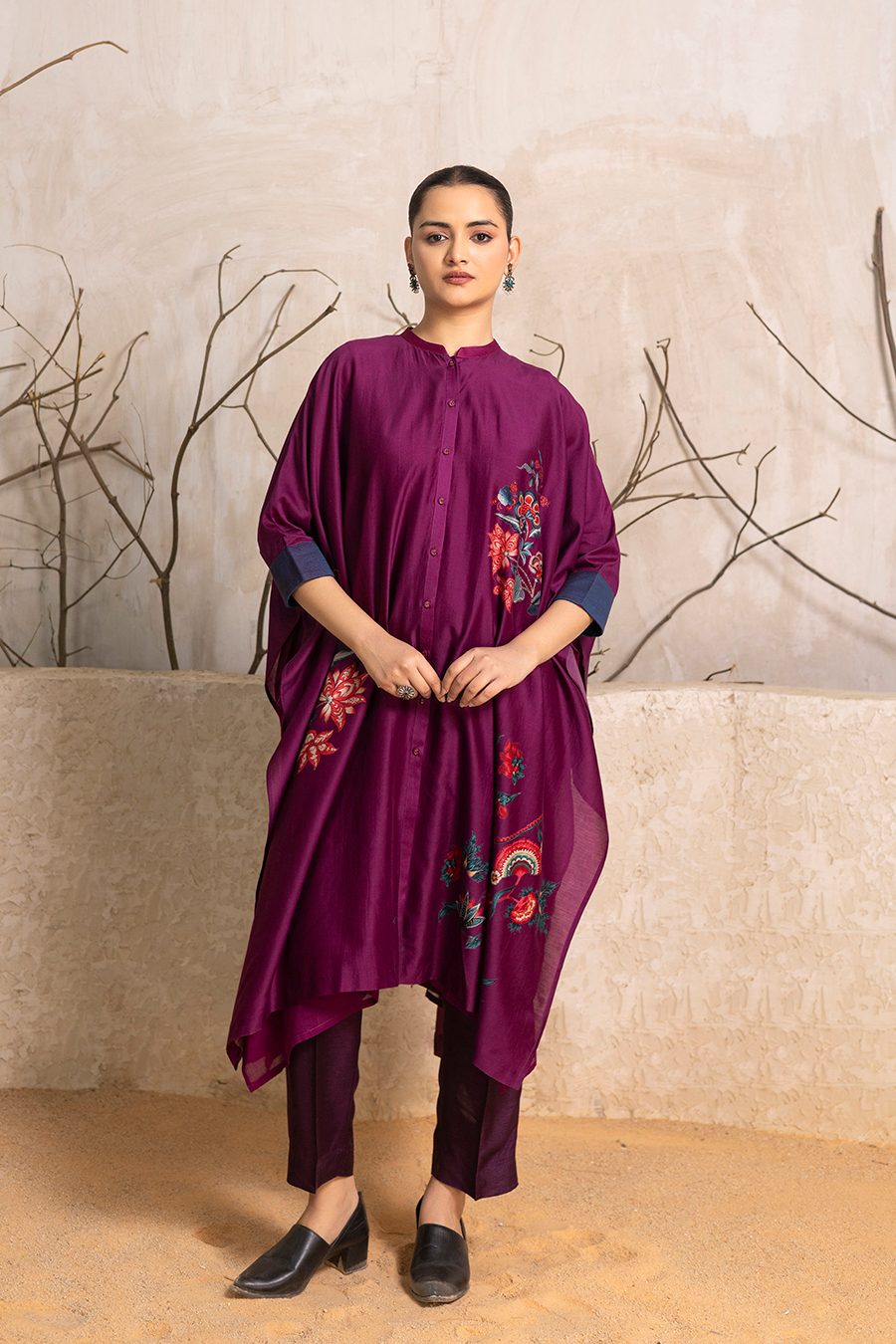 Wine Silk Chanderi Printed Kaftan Style Dress (1 PC)