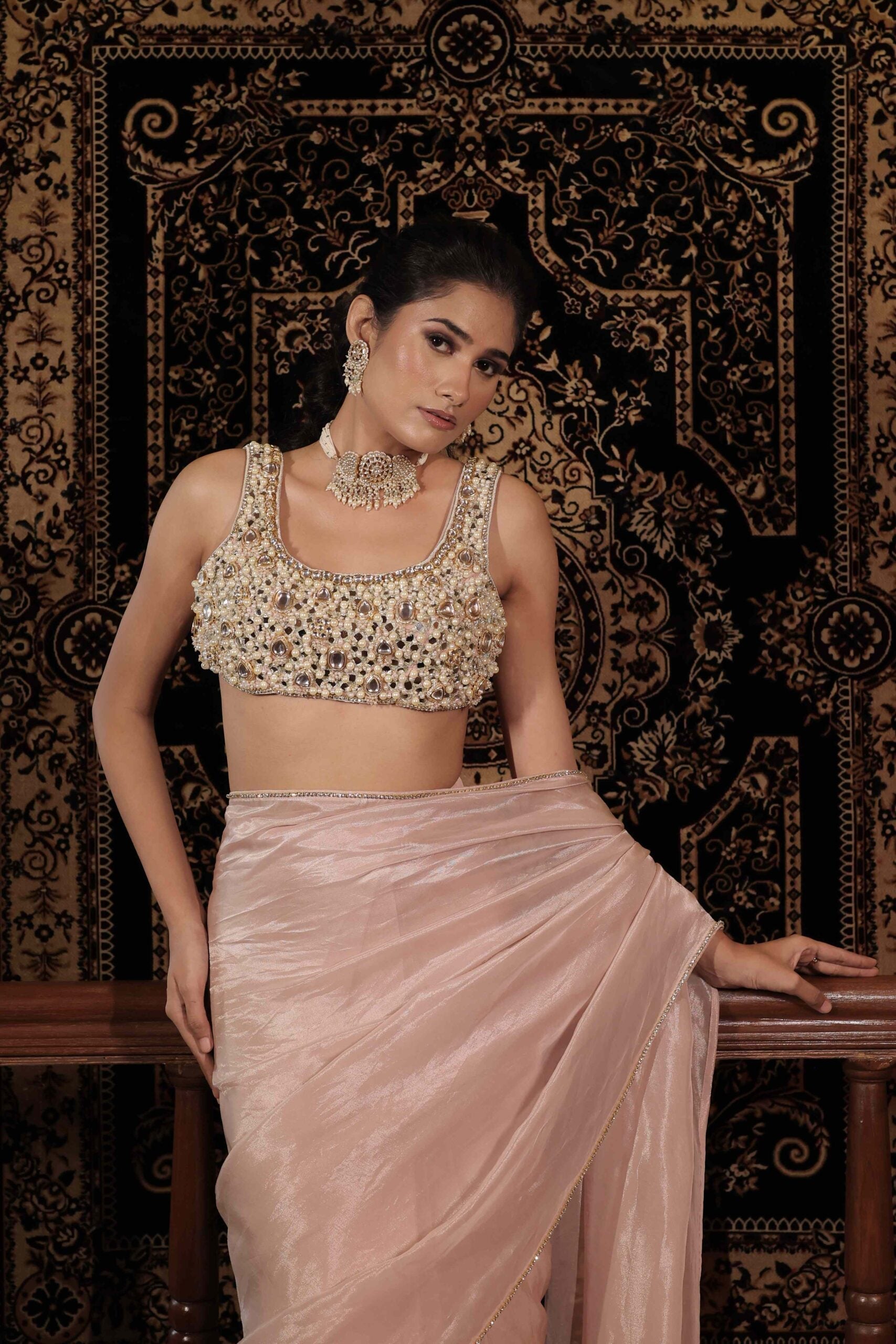 The " Hiramoti " saree set /Blush pink kundan and pearl embellished tissue saree set