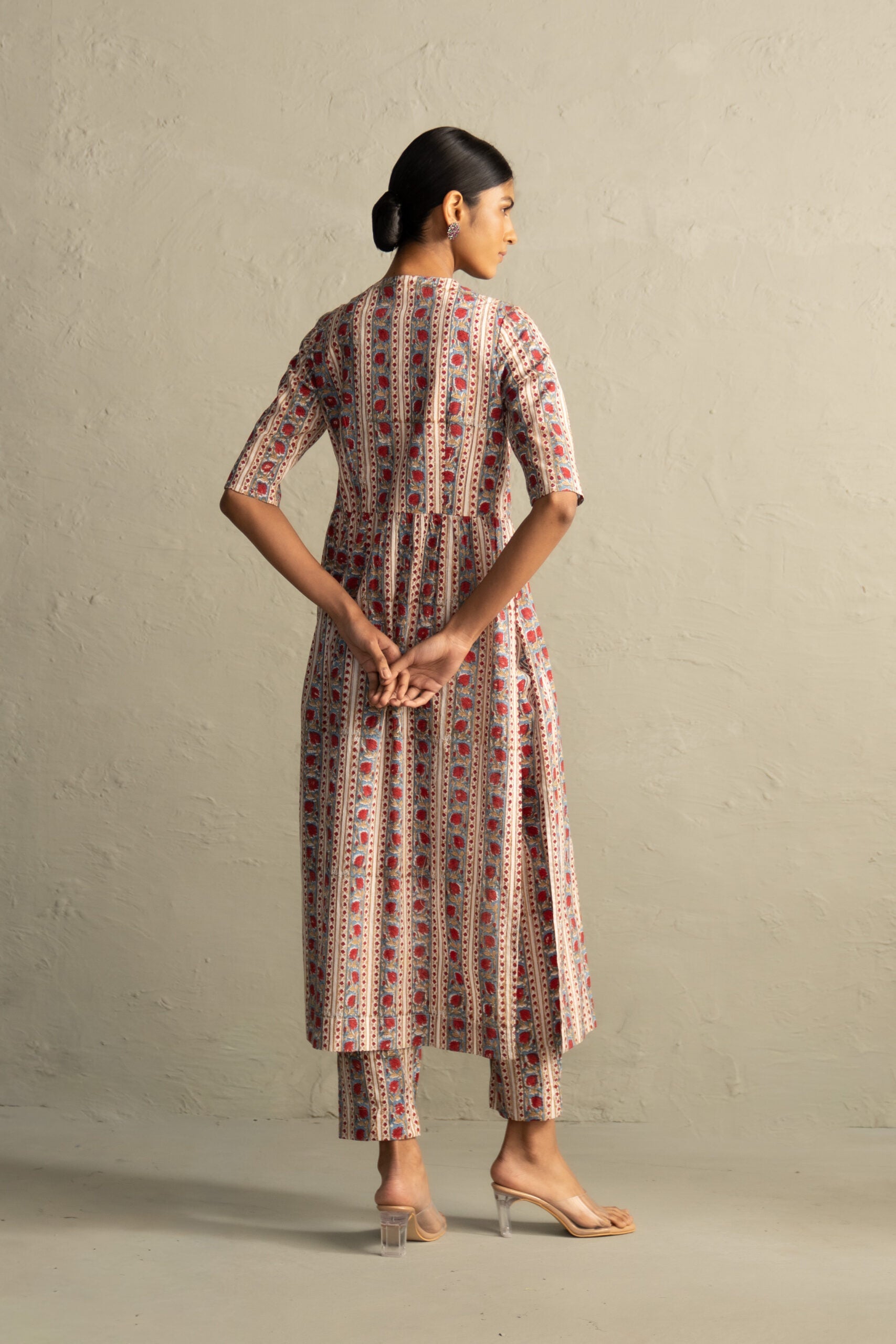 Cream Phool Dori Hand Block Angrakha Straight Kurta Set