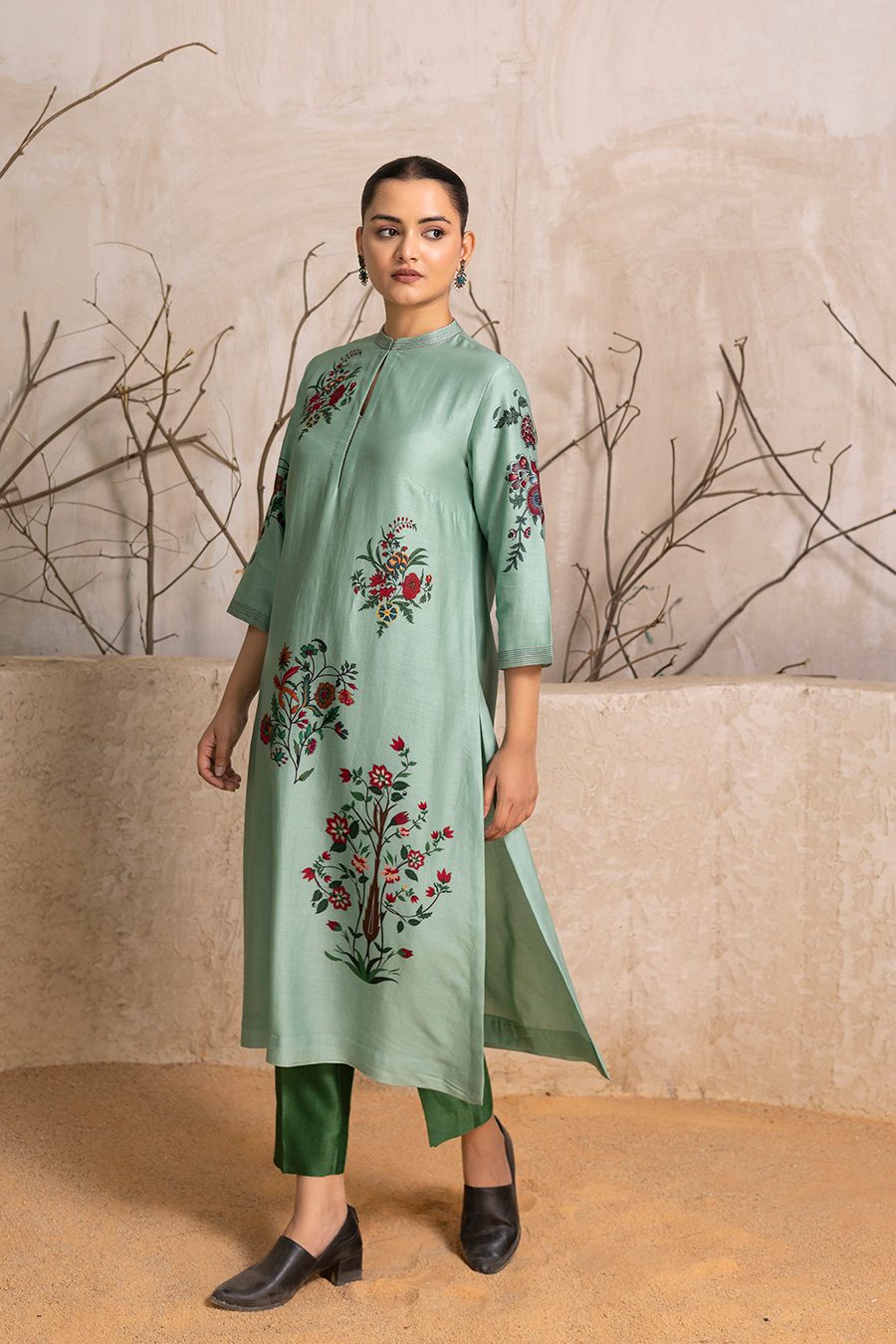 Mint Silk Chanderi Floral Boota Printed Tunic (1 PC)