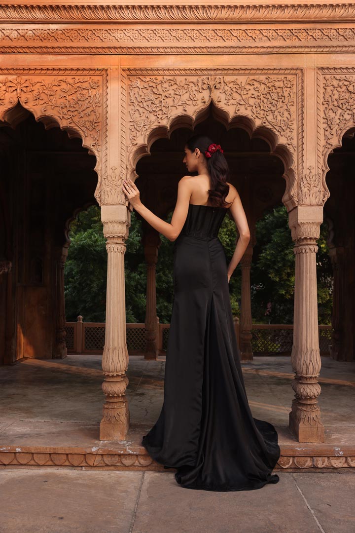 Black corset draped gown