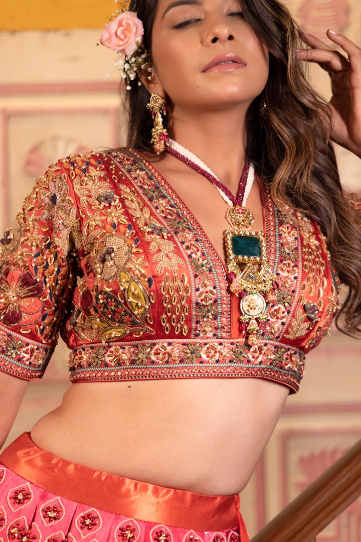 Rust Viscose Hand Crafted Lehenga Set