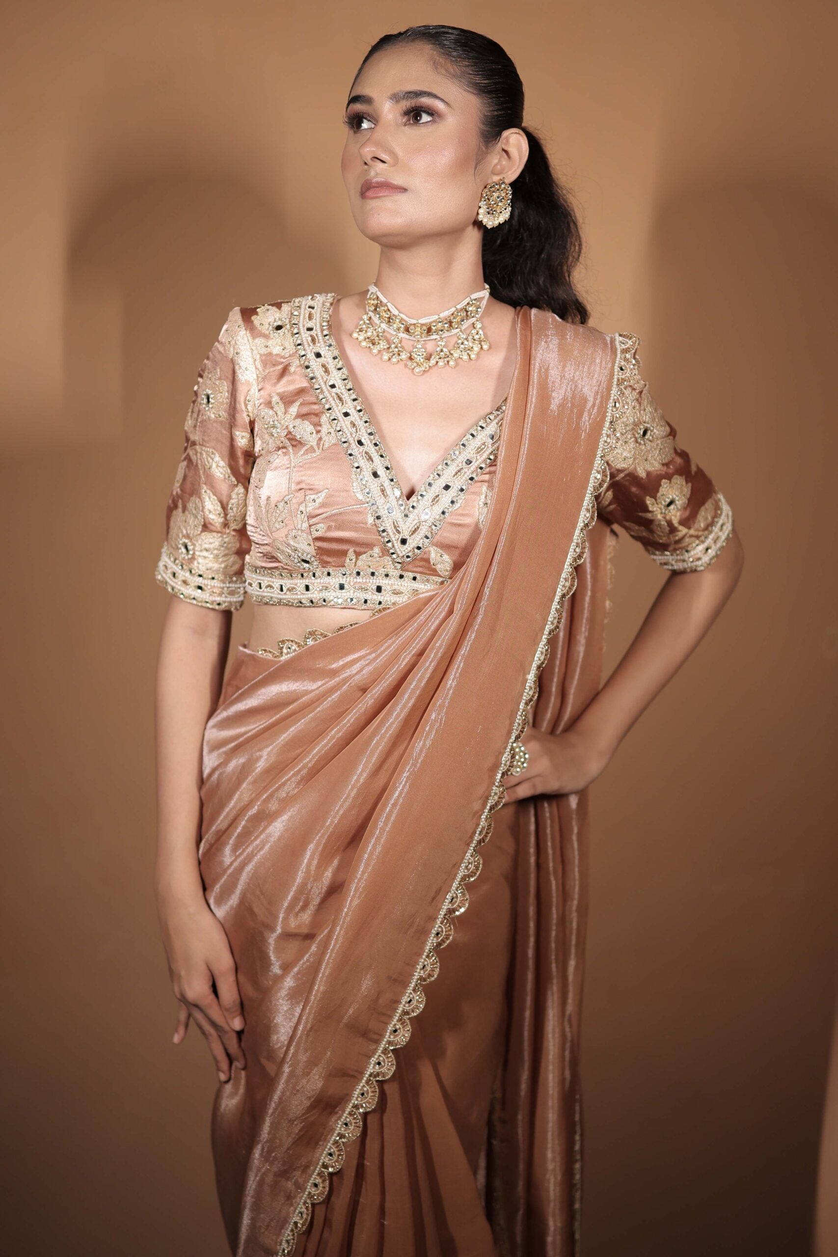 The " Whisparing Rose " saree set /Rose gold zardozi and mirror embroidered banarasi blouse and tissue saree set