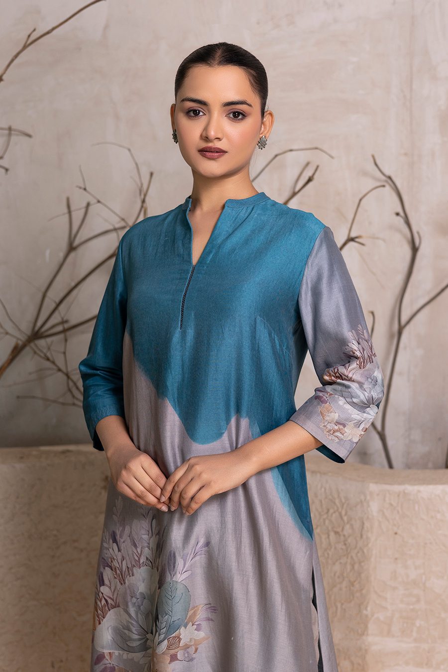 Denim Blue & Grey Shaded Silk Chanderi Printed Tunic (1 PC)