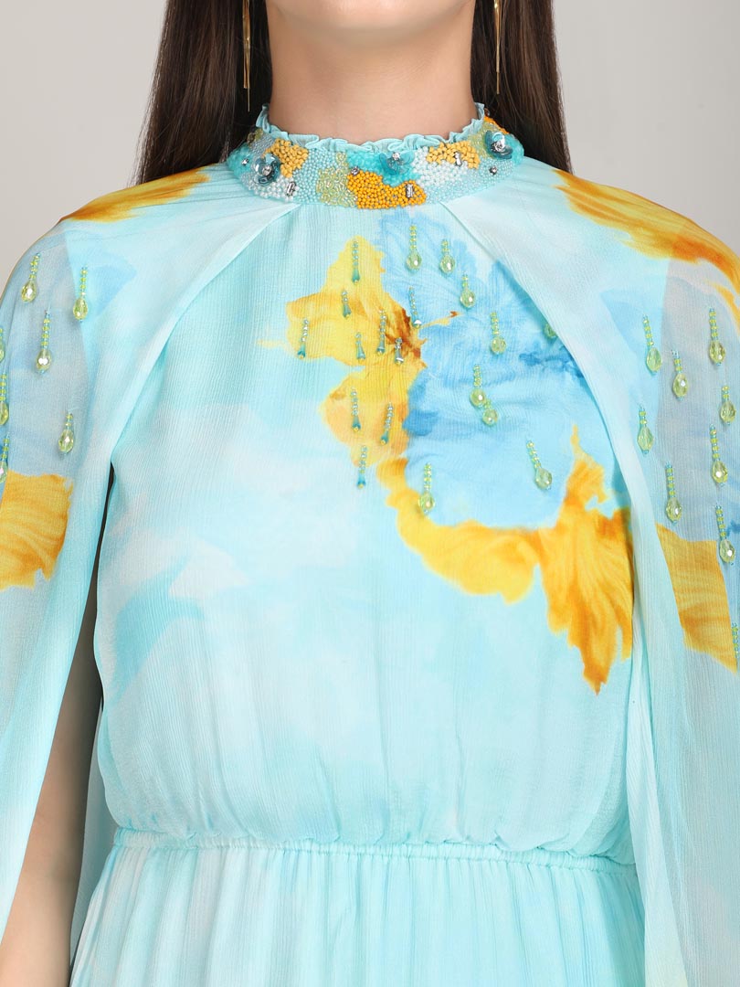 Aurora Bloom Tonal Teal placement print dress