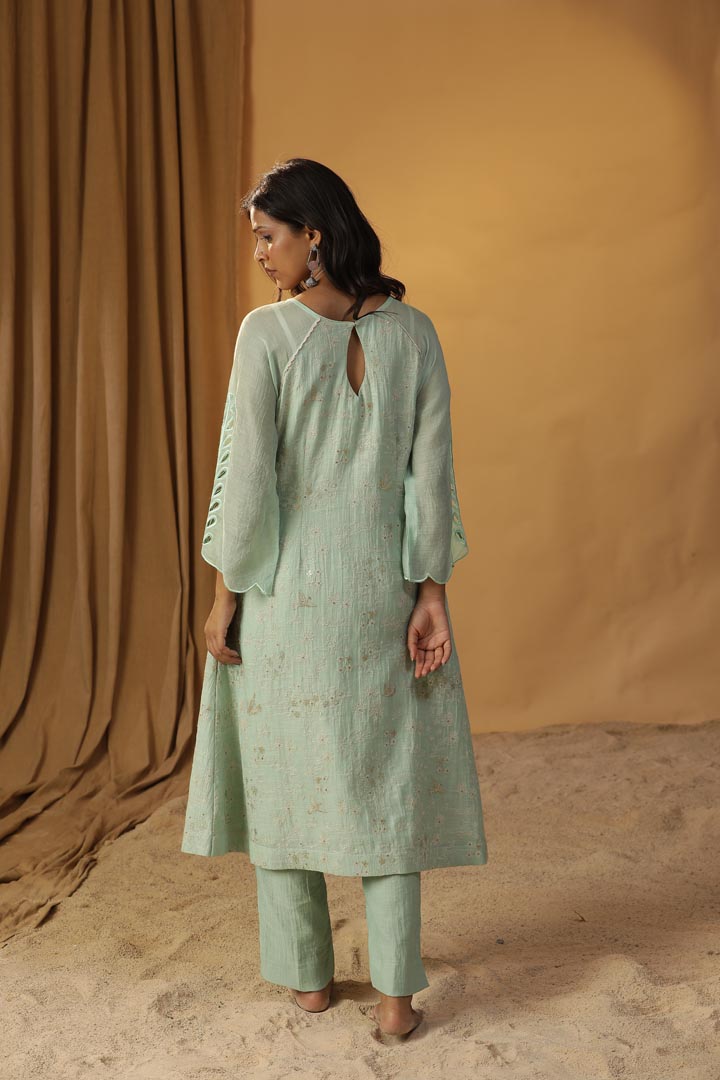 Image of SEA GREEN EMBROIDERED SUIT SET