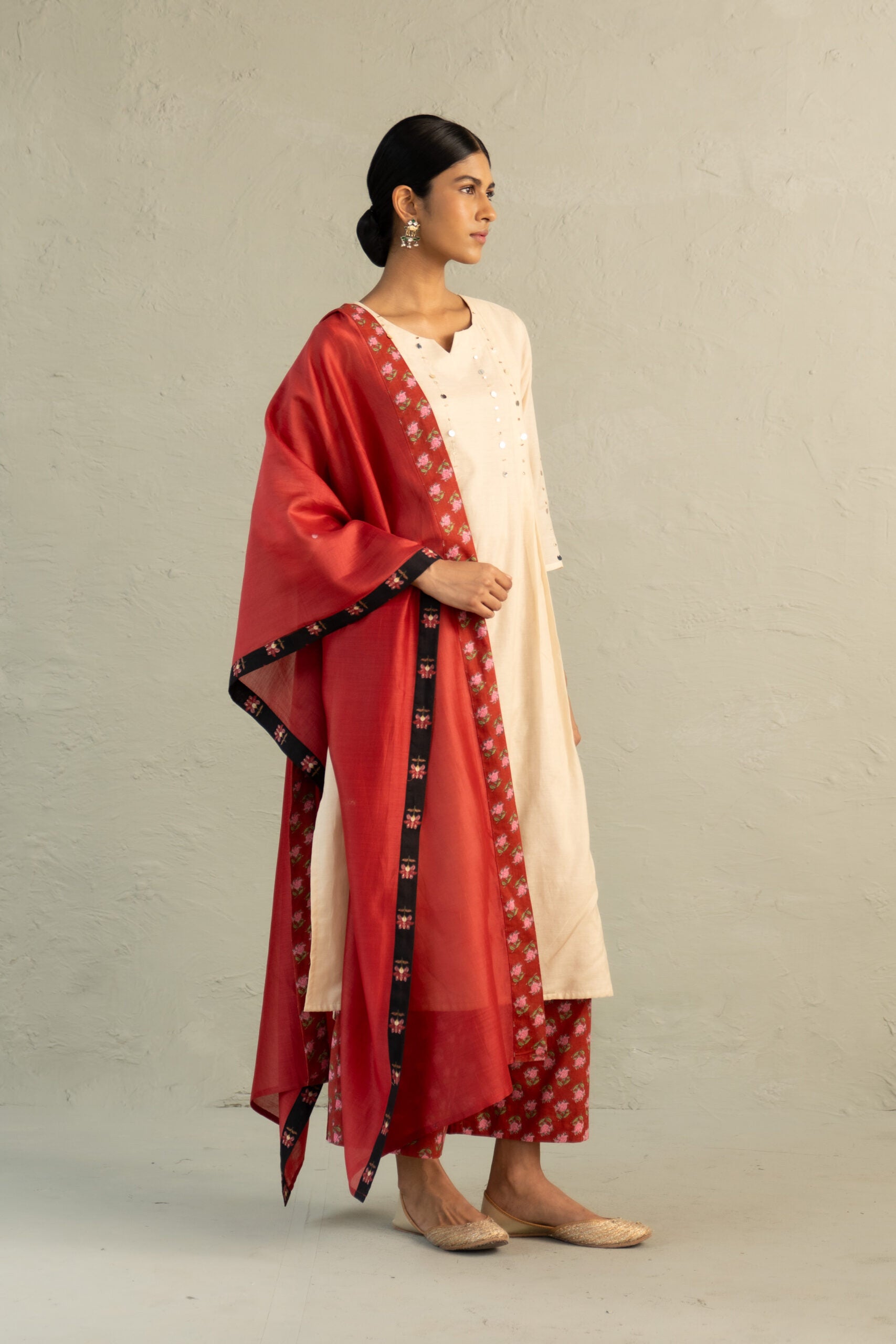 Beige Phool Dori Pleated Kurta Set